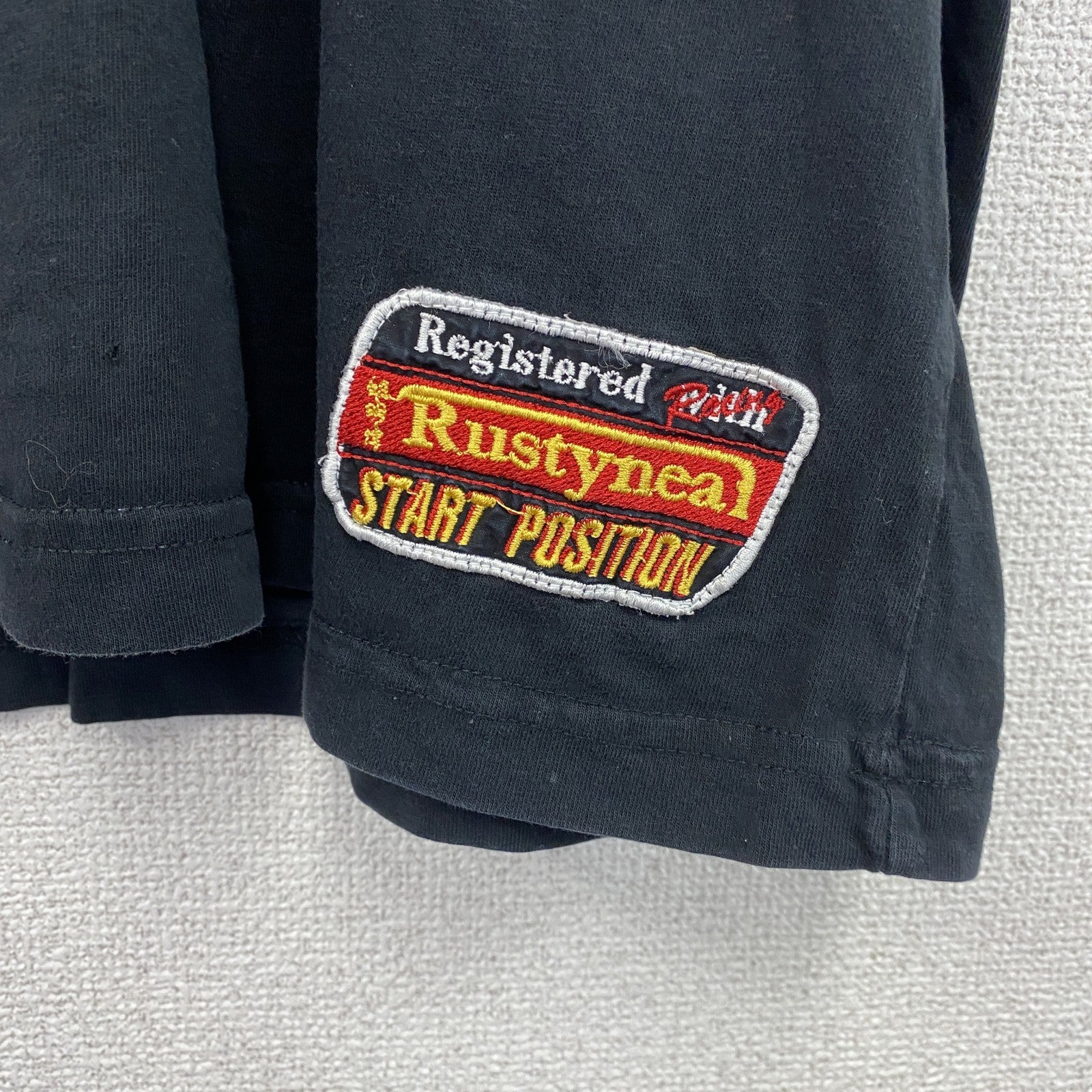 古着 used　RUSTY　半袖プリントTシャツ　レトロデザイン　クルーネック　ロゴ刺繍　黒　ブラック　XXLサイズ