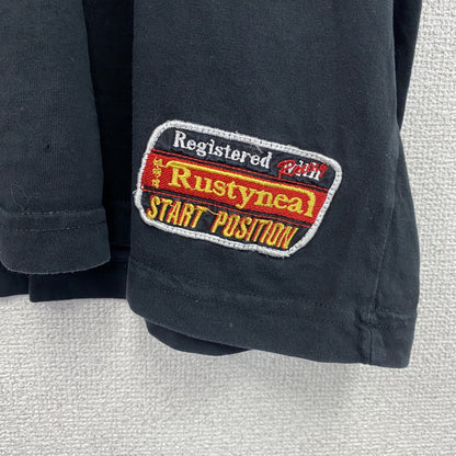 古着 used　RUSTY　半袖プリントTシャツ　レトロデザイン　クルーネック　ロゴ刺繍　黒　ブラック　XXLサイズ