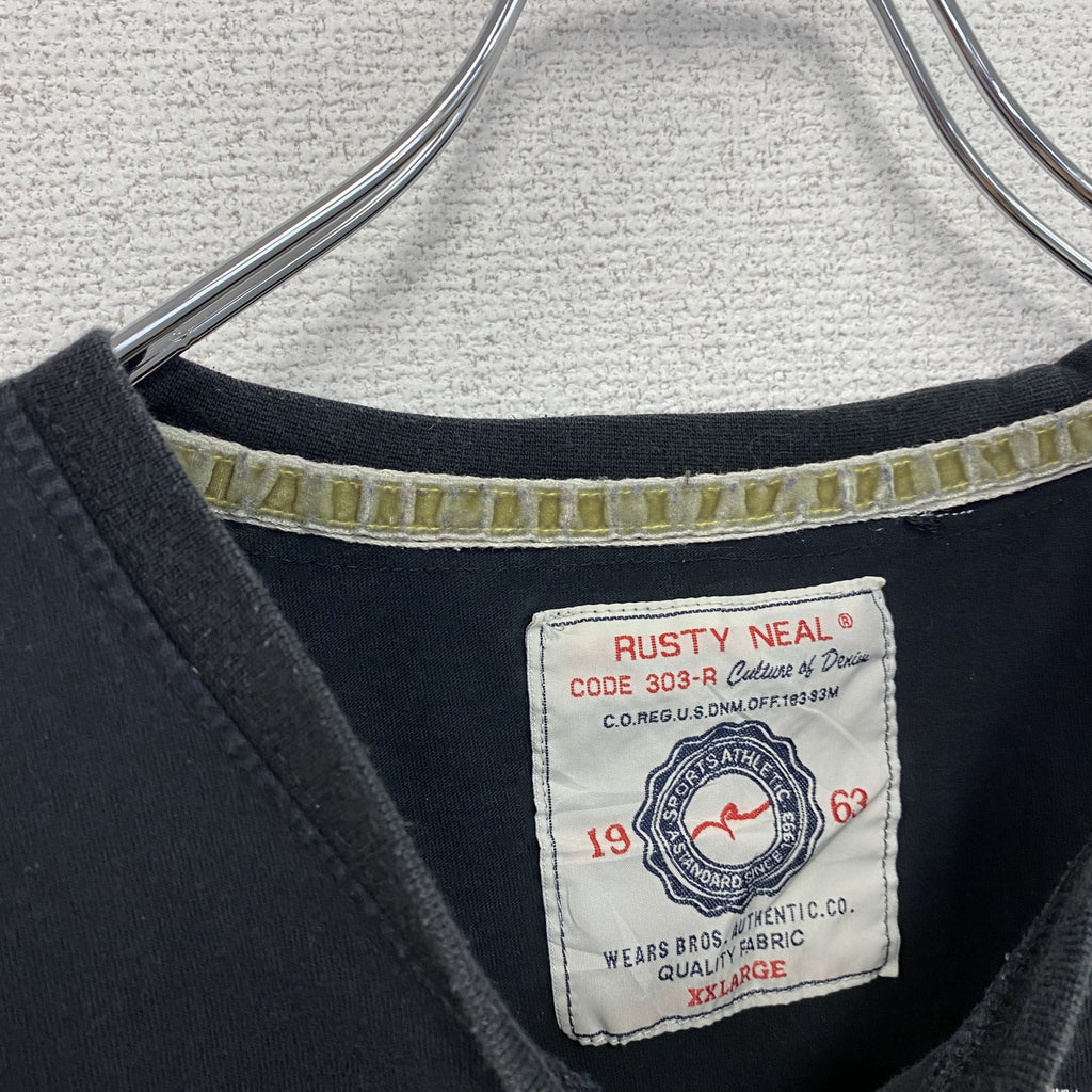 古着 used　RUSTY　半袖プリントTシャツ　レトロデザイン　クルーネック　ロゴ刺繍　黒　ブラック　XXLサイズ