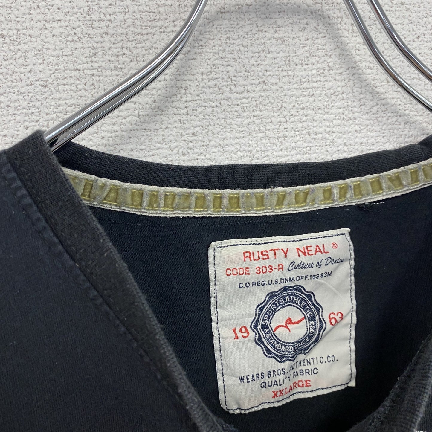 古着 used　RUSTY　半袖プリントTシャツ　レトロデザイン　クルーネック　ロゴ刺繍　黒　ブラック　XXLサイズ