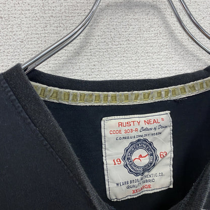 古着 used　RUSTY　半袖プリントTシャツ　レトロデザイン　クルーネック　ロゴ刺繍　黒　ブラック　XXLサイズ