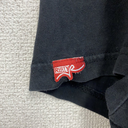 古着 used　RUSTY　半袖プリントTシャツ　レトロデザイン　クルーネック　ロゴ刺繍　黒　ブラック　XXLサイズ