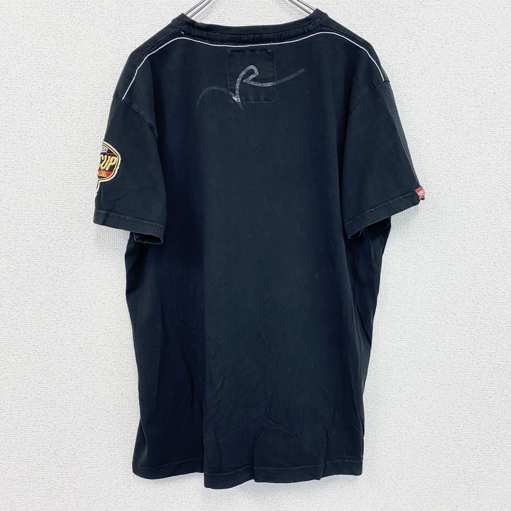 古着 used　RUSTY　半袖プリントTシャツ　レトロデザイン　クルーネック　ロゴ刺繍　黒　ブラック　XXLサイズ