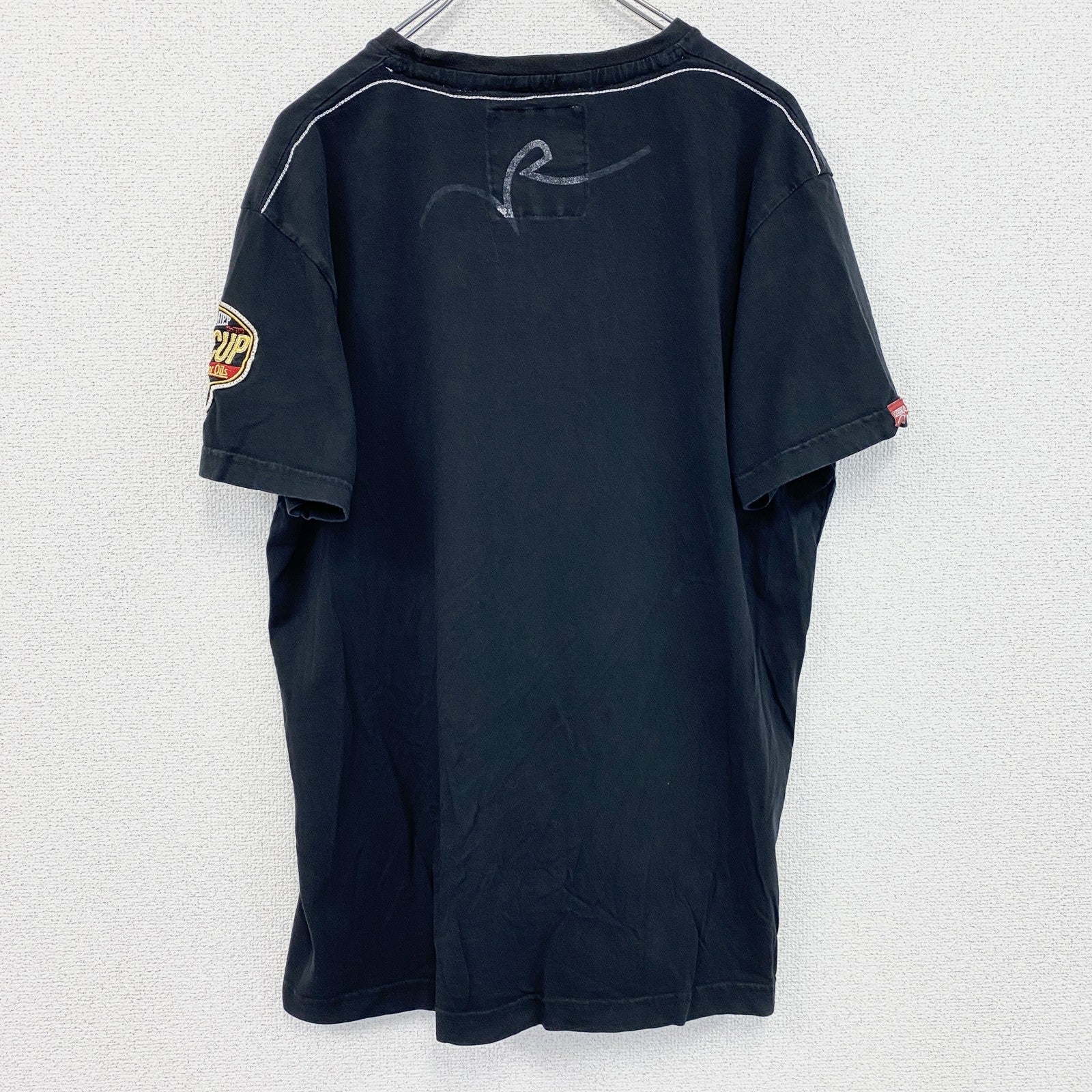 古着 used　RUSTY　半袖プリントTシャツ　レトロデザイン　クルーネック　ロゴ刺繍　黒　ブラック　XXLサイズ