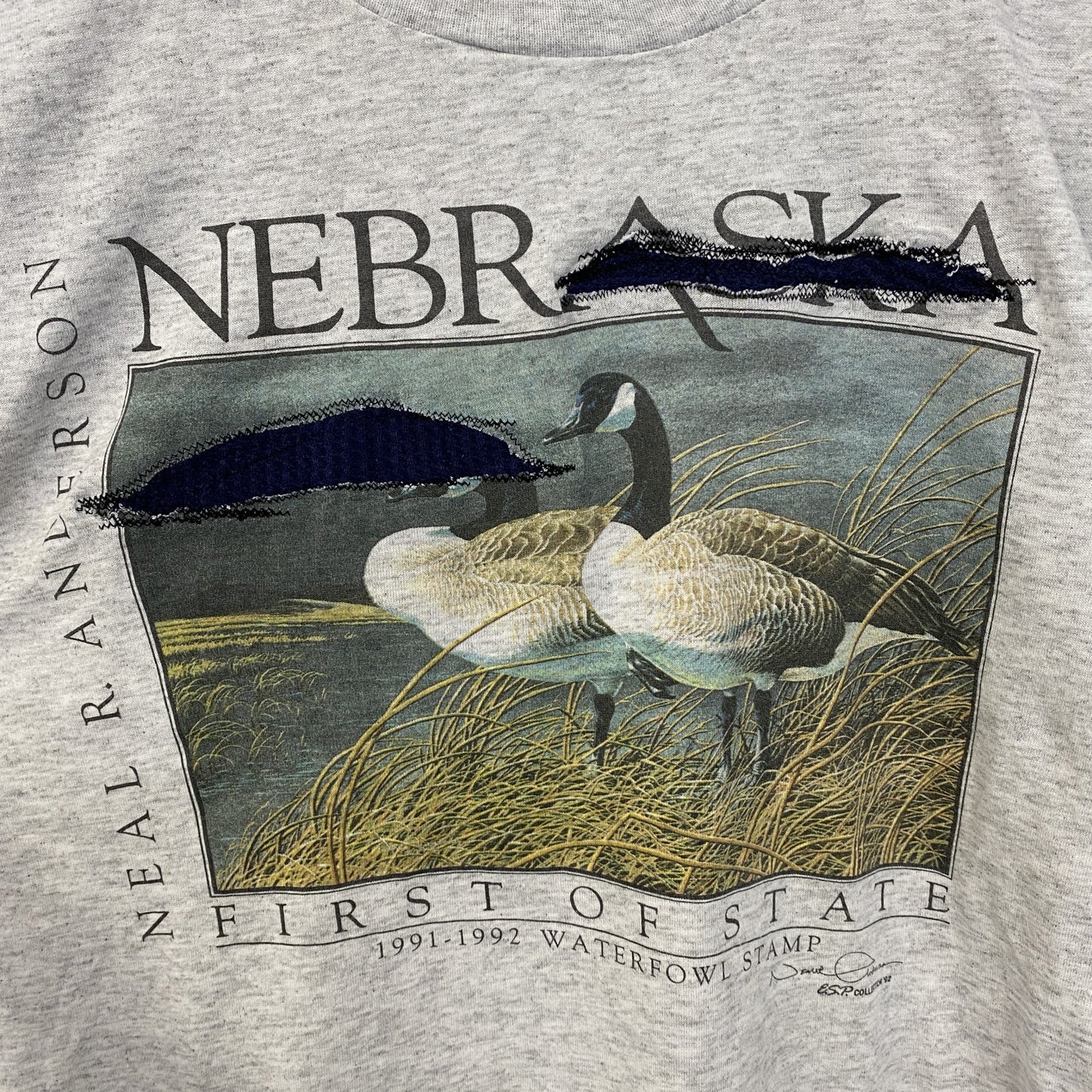 古着 used　90s　半袖アニマルプリントTシャツ　USA製　シングルステッチ　鴨　ダック　灰色　グレー　Lサイズ