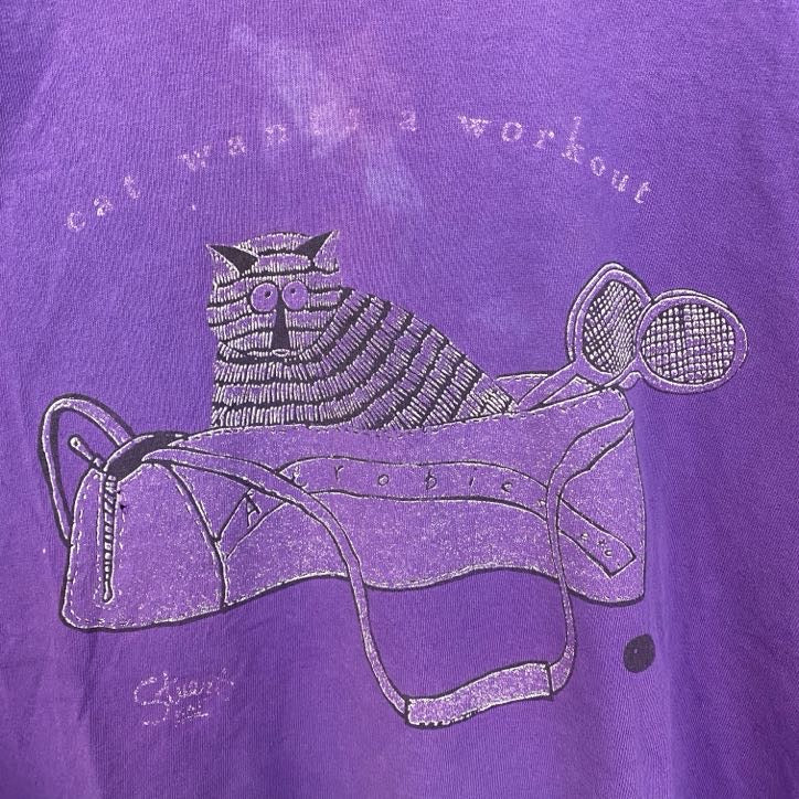 古着 used　フルーツオブザルーム　90s　半袖プリントTシャツ　コットン100%　シングルステッチ　猫　紫　Lサイズ