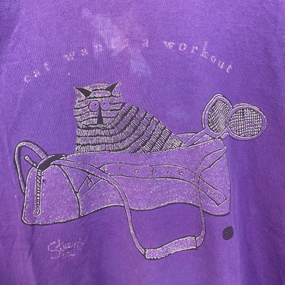 古着 used　フルーツオブザルーム　90s　半袖プリントTシャツ　コットン100%　シングルステッチ　猫　紫　Lサイズ