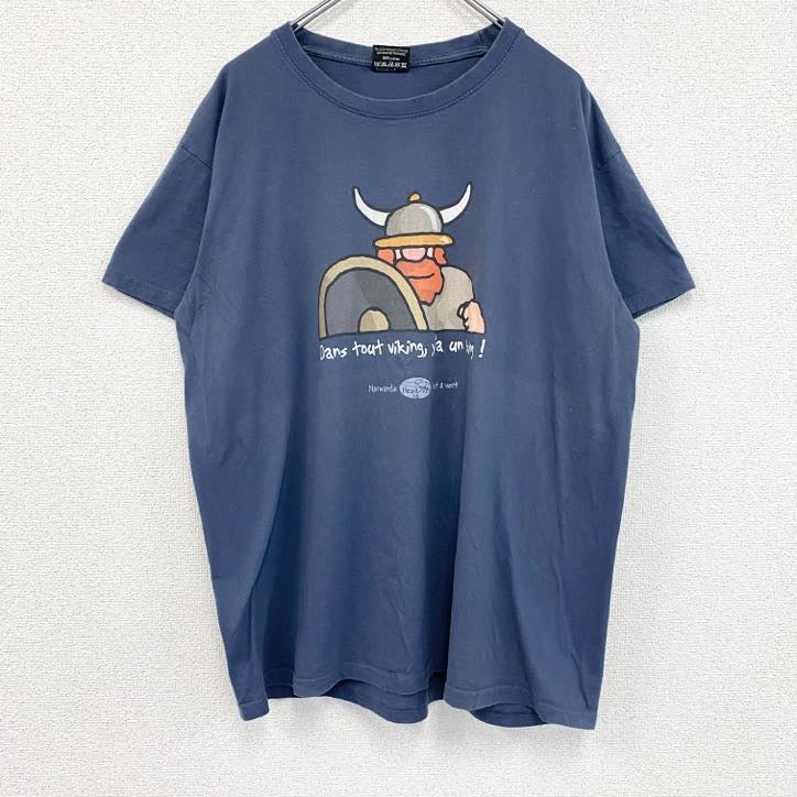 古着 used　半袖プリントTシャツ　バイキング　北欧神話　レトロデザイン　クルーネック　紺　ネイビー　XLサイズ