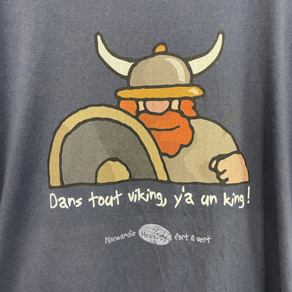 古着 used　半袖プリントTシャツ　バイキング　北欧神話　レトロデザイン　クルーネック　紺　ネイビー　XLサイズ