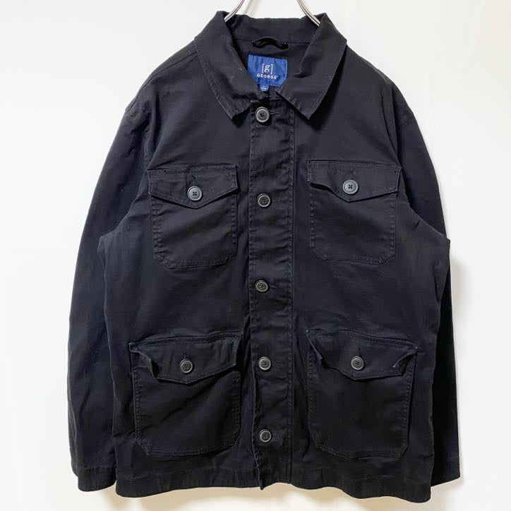古着 used　GEORGE　長袖ワークジャケット　ジップアップブルゾン　カバーオール　アウター　レトロ　黒　ブラック　Lサイズ