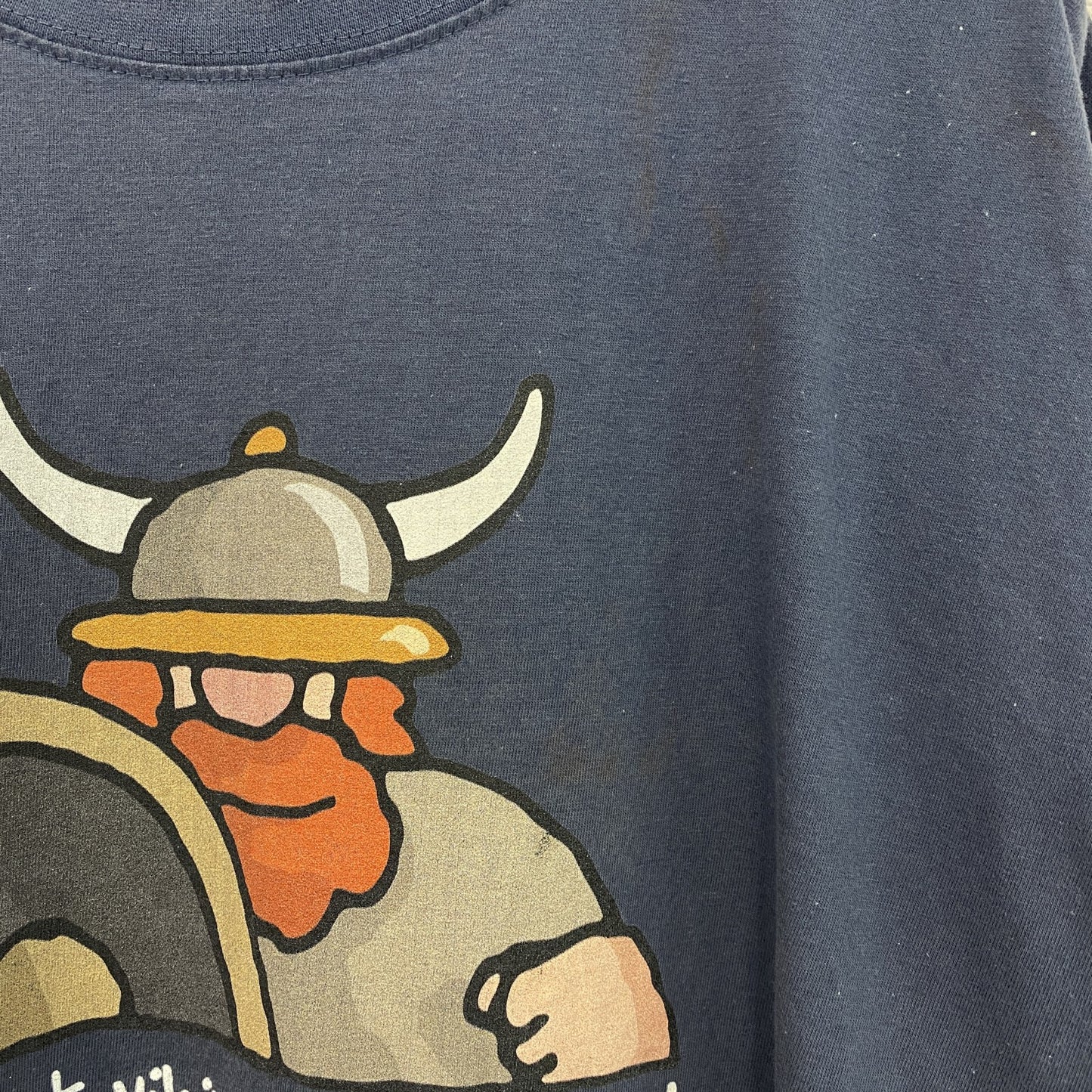古着 used　半袖プリントTシャツ　バイキング　北欧神話　レトロデザイン　クルーネック　紺　ネイビー　XLサイズ