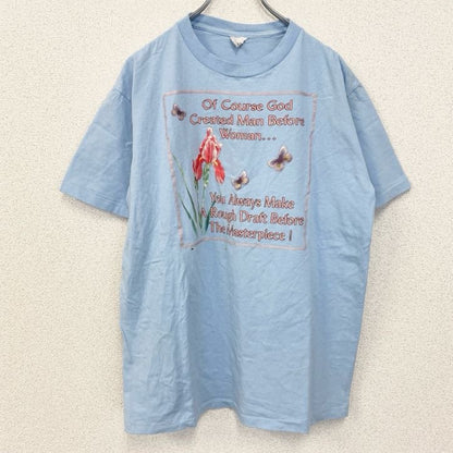 古着 used　90s　半袖プリントTシャツ　USA製　コットン100%　シングルステッチ　花　蝶　水色　ライトブルー　Lサイズ