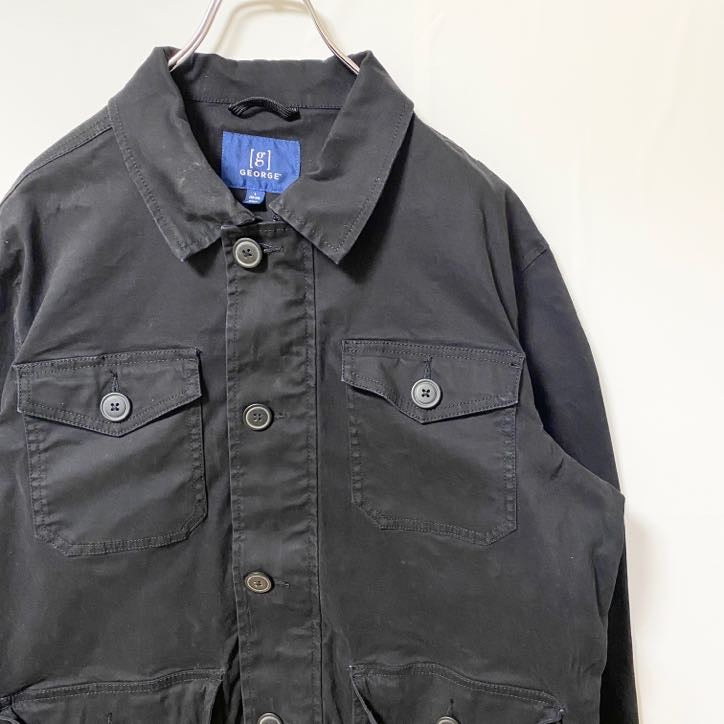 古着 used　GEORGE　長袖ワークジャケット　ジップアップブルゾン　カバーオール　アウター　レトロ　黒　ブラック　Lサイズ