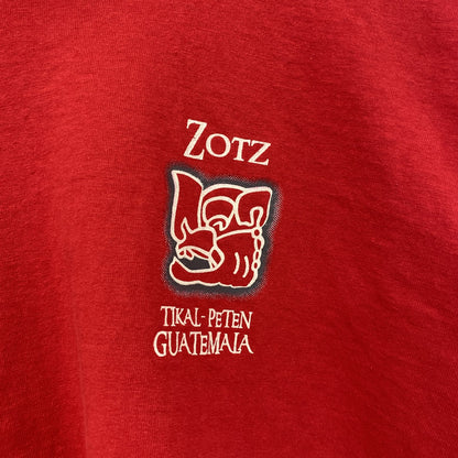 古着 used　TZOLKIN　半袖プリントTシャツ　ZOTZ　バックプリント　レトロ　クルーネック　赤　レッド　XLサイズ