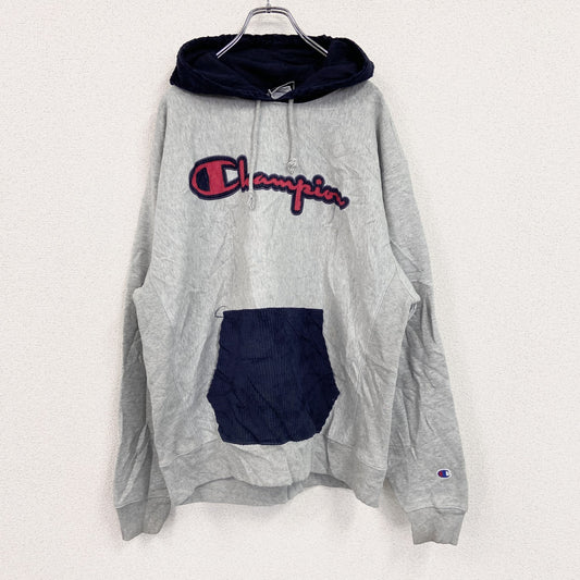 Champion　チャンピオン　スウェットパーカー/フーディー　切り替えカラー　デカロゴ　ワッペン　刺繍ロゴ　灰色　グレー　Lサイズ