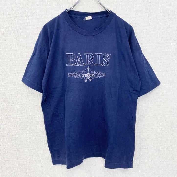 古着 used　90s　半袖プリントTシャツ　刺繍　ステッチ　シングルステッチ　シンプル　紺　ネイビー　XLサイズ