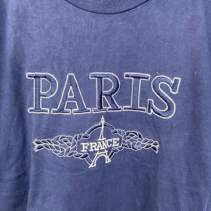 古着 used　90s　半袖プリントTシャツ　刺繍　ステッチ　シングルステッチ　シンプル　紺　ネイビー　XLサイズ
