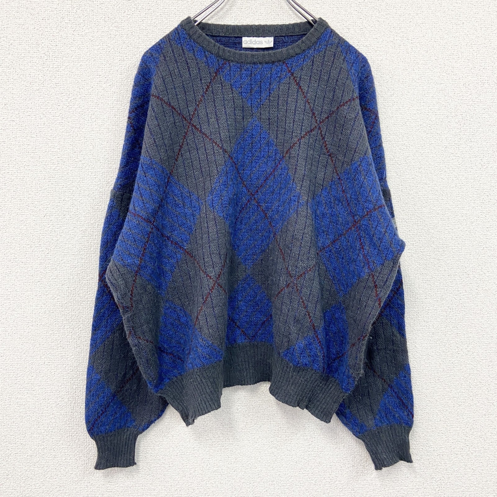 ～90s　adidas　アディダス　アルパカ混ウールニットセーター　ヴィンテージ　アーガイル柄　灰色　グレー　青　ブルー　54サイズ