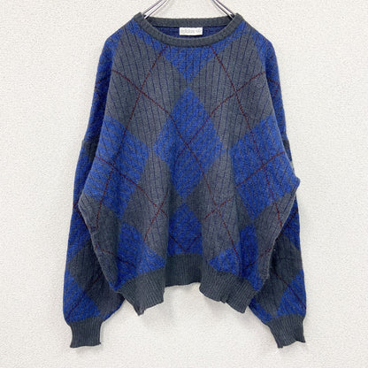 ～90s　adidas　アディダス　アルパカ混ウールニットセーター　ヴィンテージ　アーガイル柄　灰色　グレー　青　ブルー　54サイズ