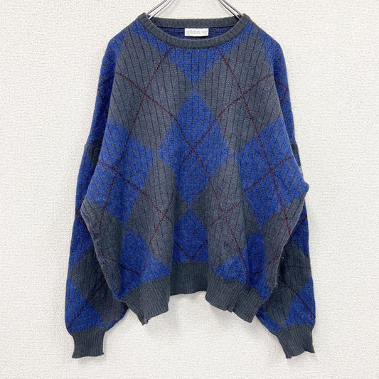 ～90s　adidas　アディダス　アルパカ混ウールニットセーター　ヴィンテージ　アーガイル柄　灰色　グレー　青　ブルー　54サイズ