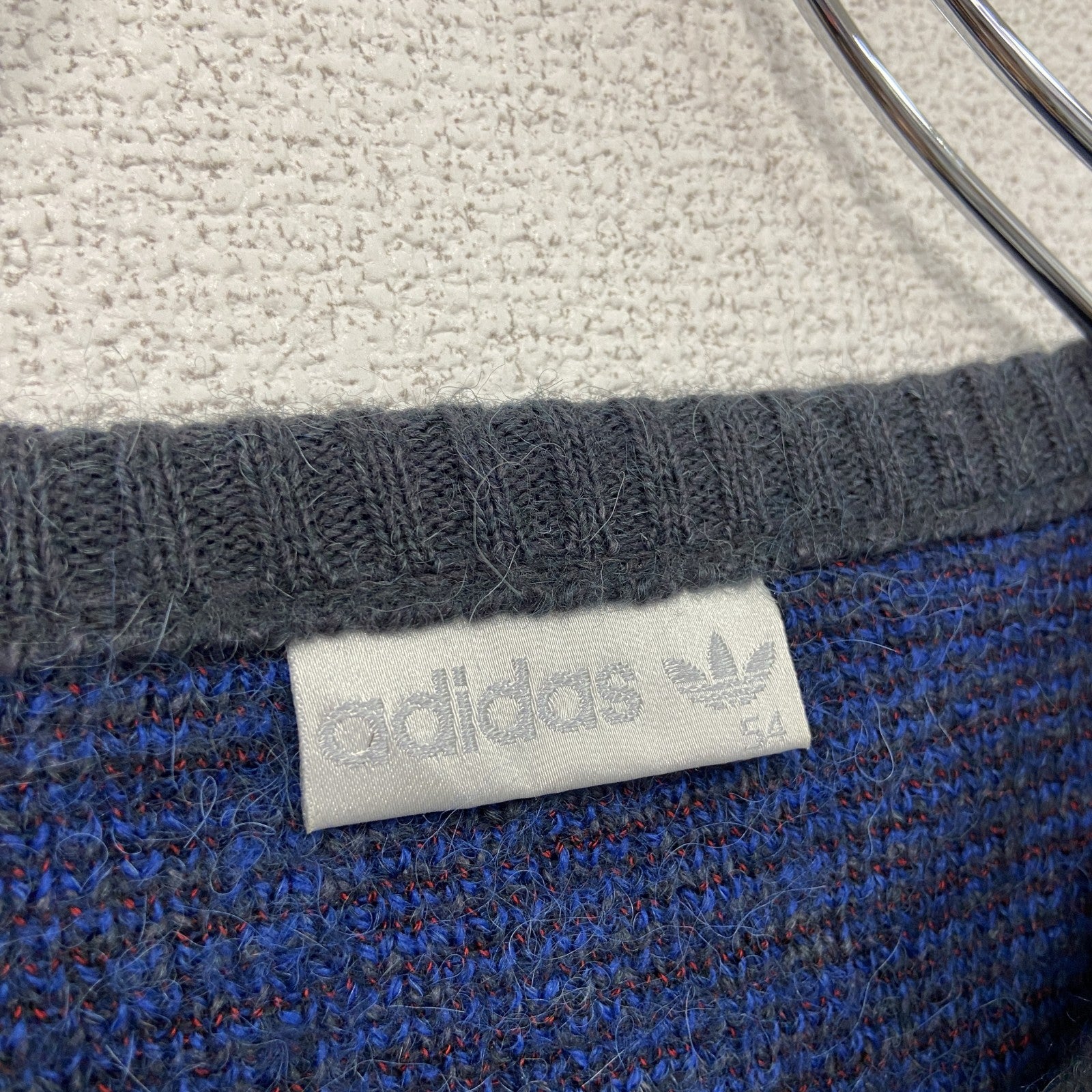 ～90s　adidas　アディダス　アルパカ混ウールニットセーター　ヴィンテージ　アーガイル柄　灰色　グレー　青　ブルー　54サイズ