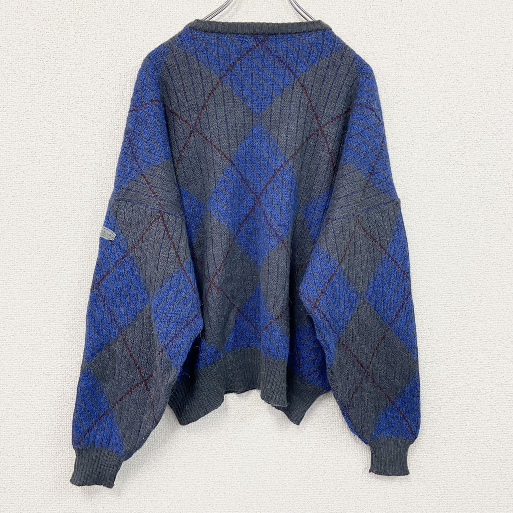～90s　adidas　アディダス　アルパカ混ウールニットセーター　ヴィンテージ　アーガイル柄　灰色　グレー　青　ブルー　54サイズ