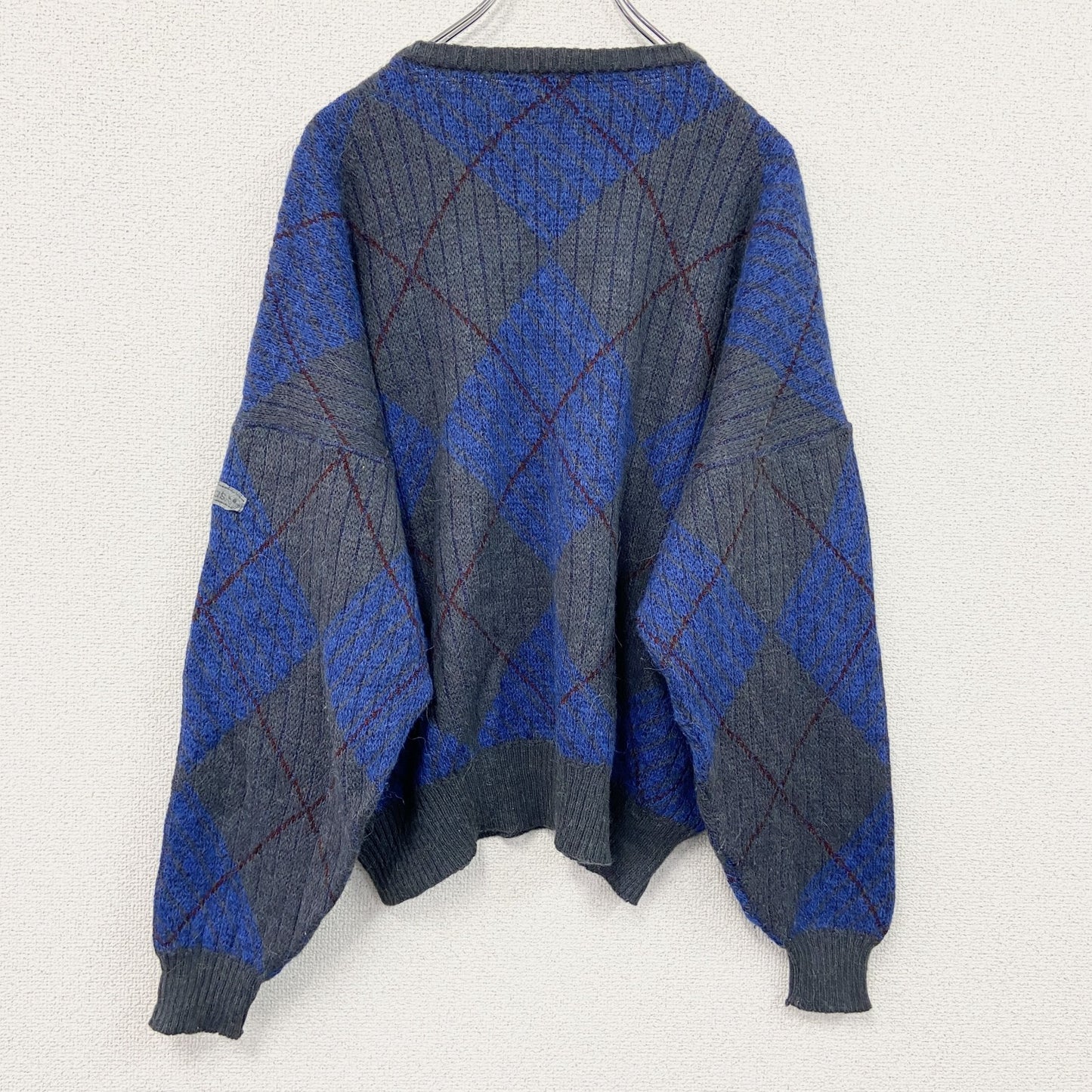 ～90s　adidas　アディダス　アルパカ混ウールニットセーター　ヴィンテージ　アーガイル柄　灰色　グレー　青　ブルー　54サイズ