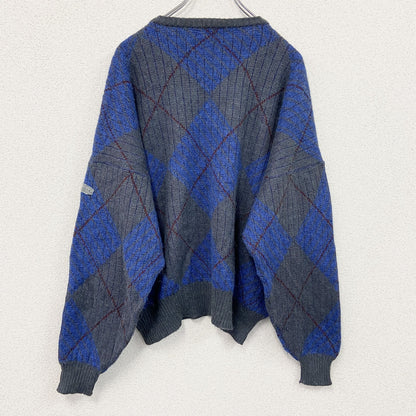～90s　adidas　アディダス　アルパカ混ウールニットセーター　ヴィンテージ　アーガイル柄　灰色　グレー　青　ブルー　54サイズ