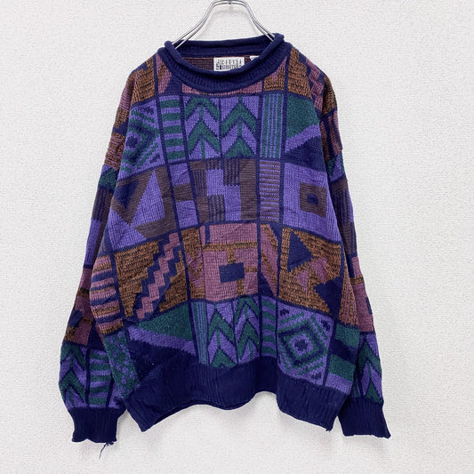 ～90s　CITY STREETS　アクリルニットセーター　総柄　ヴィンテージ　マルチカラー　XLサイズ