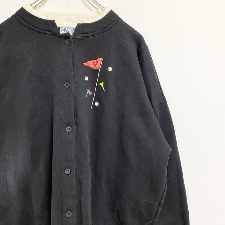 古着 used　USA製　MORNINGSUN　長袖スウェットカーディガン　プリント　ゴルフ　黒　ブラック　レトロ　XLサイズ