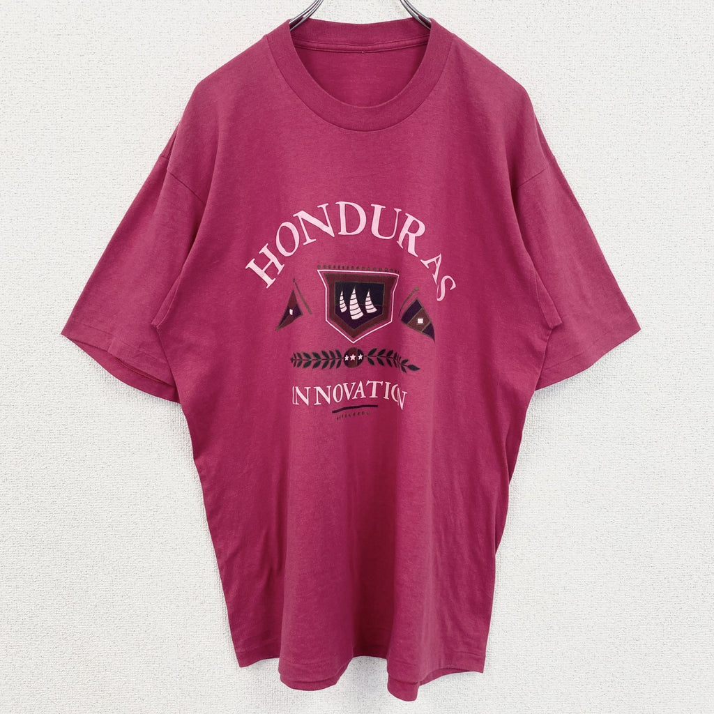 古着 used　90s　半袖プリントTシャツ　シングルステッチ　ヴィンテージ　クルーネック　レトロデザイン　ピンク