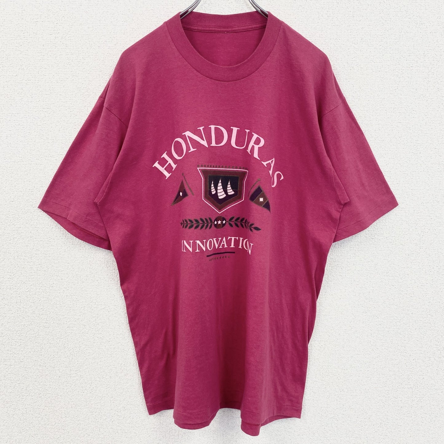 古着 used　90s　半袖プリントTシャツ　シングルステッチ　ヴィンテージ　クルーネック　レトロデザイン　ピンク