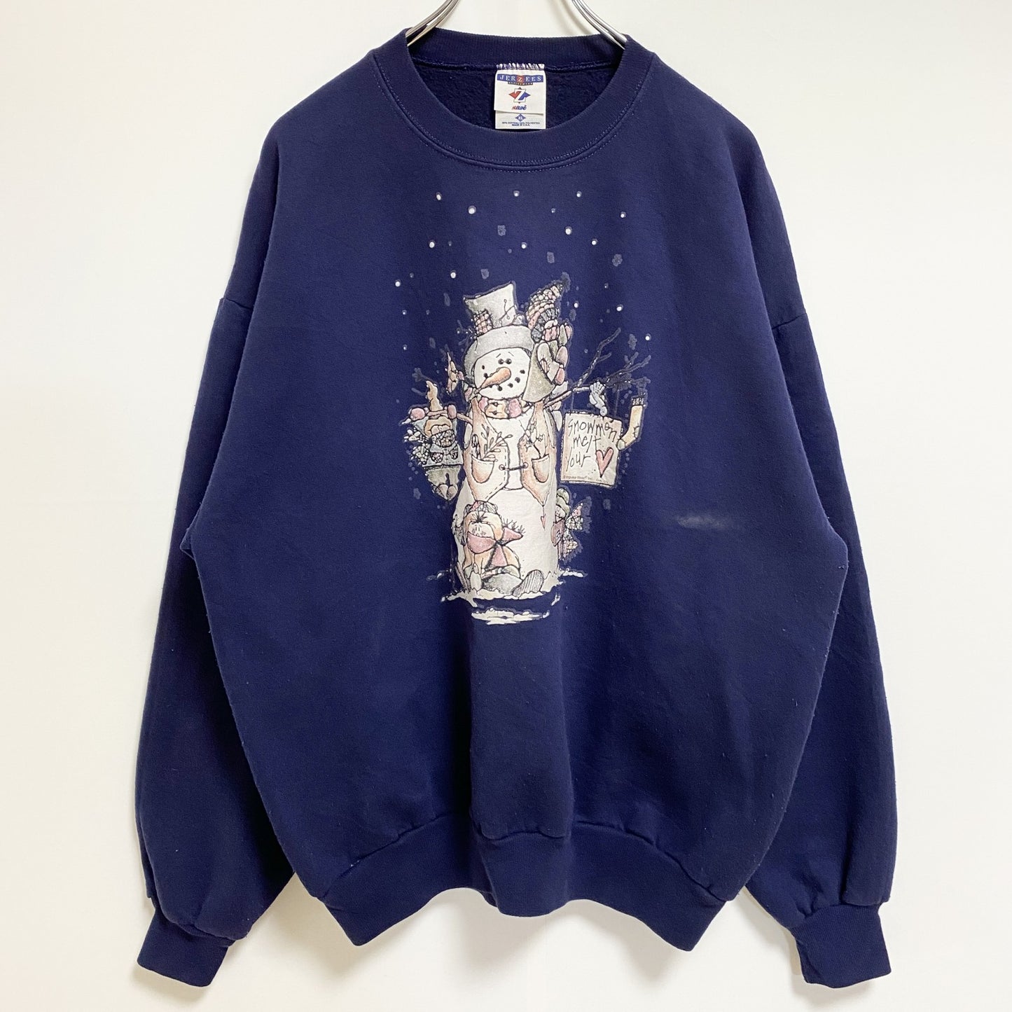 古着 used　USA製　JERZEES ジャージーズ　長袖プリントスウェット　トレーナー　雪だるま　ネイビー　レトロ　XLサイズ