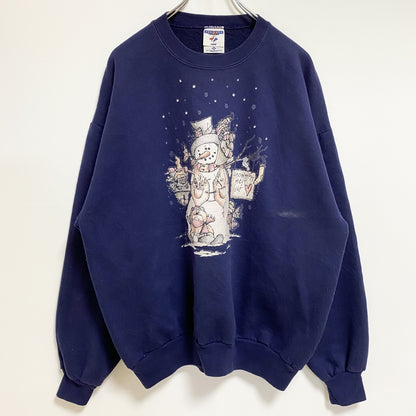 古着 used　USA製　JERZEES ジャージーズ　長袖プリントスウェット　トレーナー　雪だるま　ネイビー　レトロ　XLサイズ
