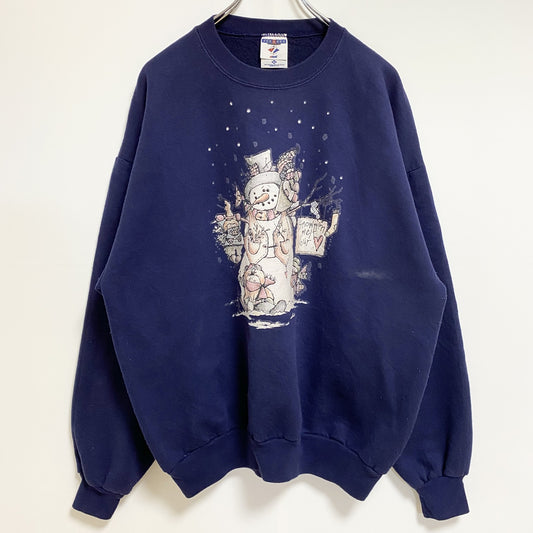 古着 used　USA製　JERZEES ジャージーズ　長袖プリントスウェット　トレーナー　雪だるま　ネイビー　レトロ　XLサイズ
