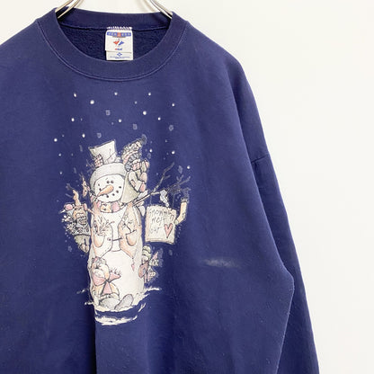 古着 used　USA製　JERZEES ジャージーズ　長袖プリントスウェット　トレーナー　雪だるま　ネイビー　レトロ　XLサイズ