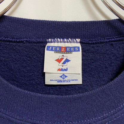 古着 used　USA製　JERZEES ジャージーズ　長袖プリントスウェット　トレーナー　雪だるま　ネイビー　レトロ　XLサイズ