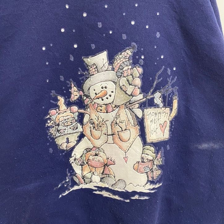 古着 used　USA製　JERZEES ジャージーズ　長袖プリントスウェット　トレーナー　雪だるま　ネイビー　レトロ　XLサイズ