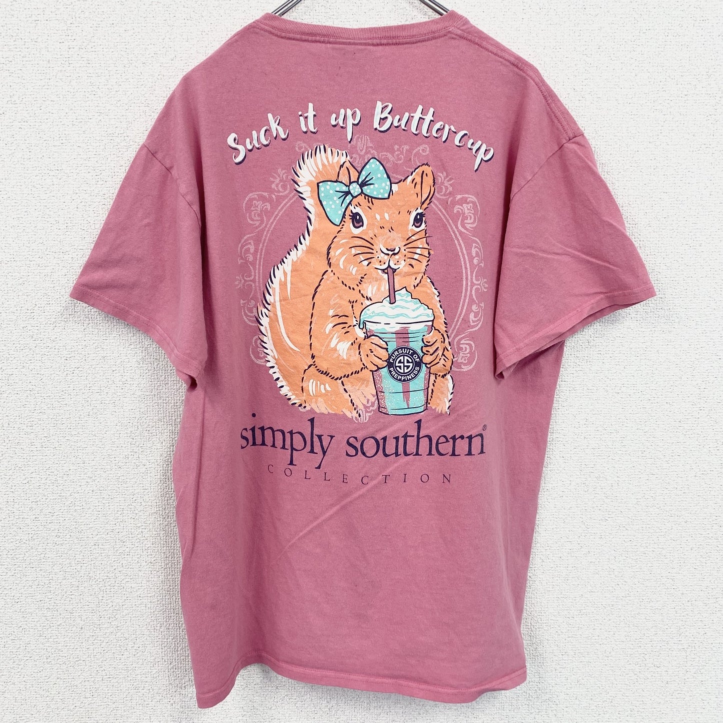 古着 used　Simply Southern　半袖アニマル柄プリントTシャツ　ワンポイント　ピンク　リス　レトロ　Ｌサイズ