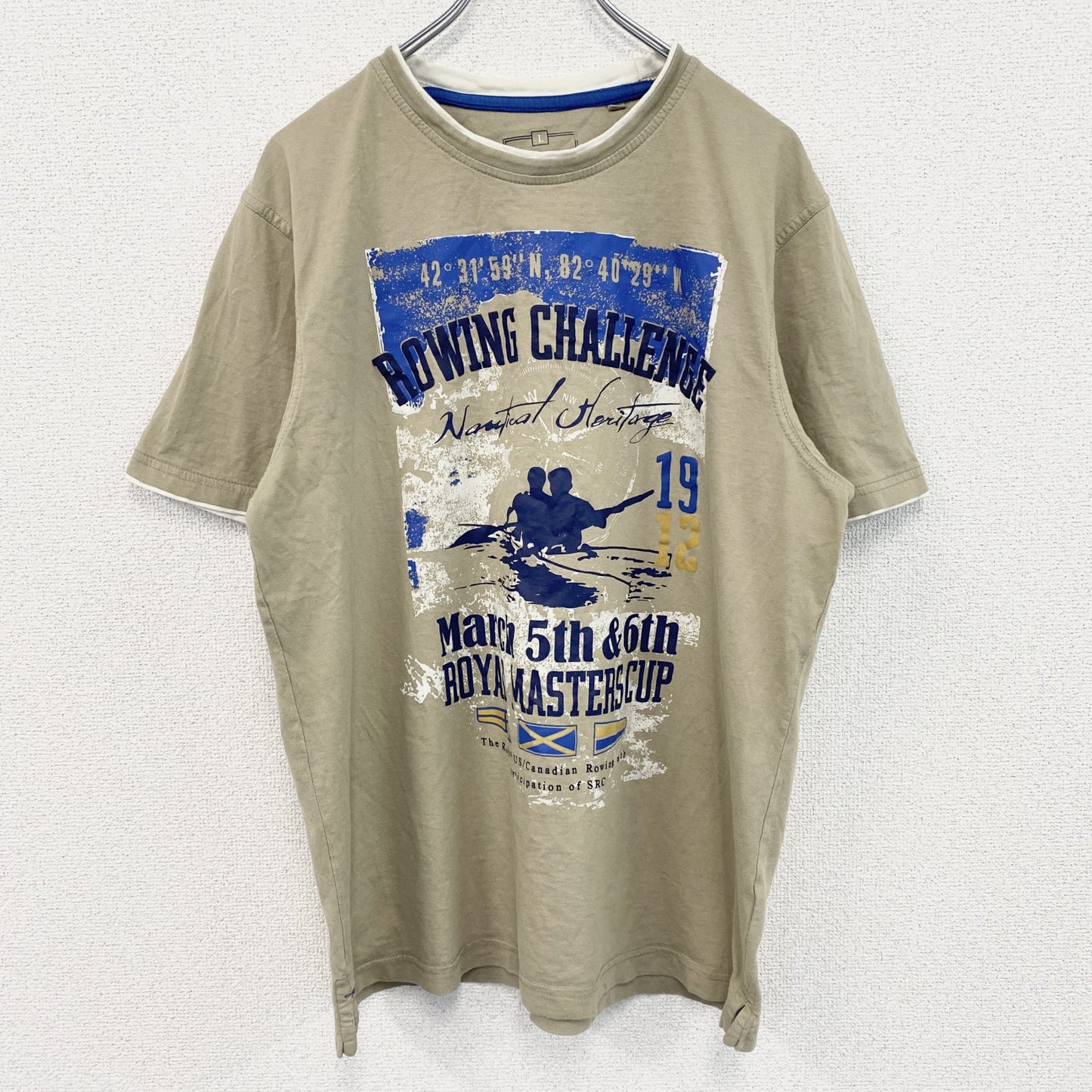 古着 used　半袖プリントTシャツ　カヌー　ボート　ローイング　ベージュ　クルーネック　レトロデザイン　Lサイズ