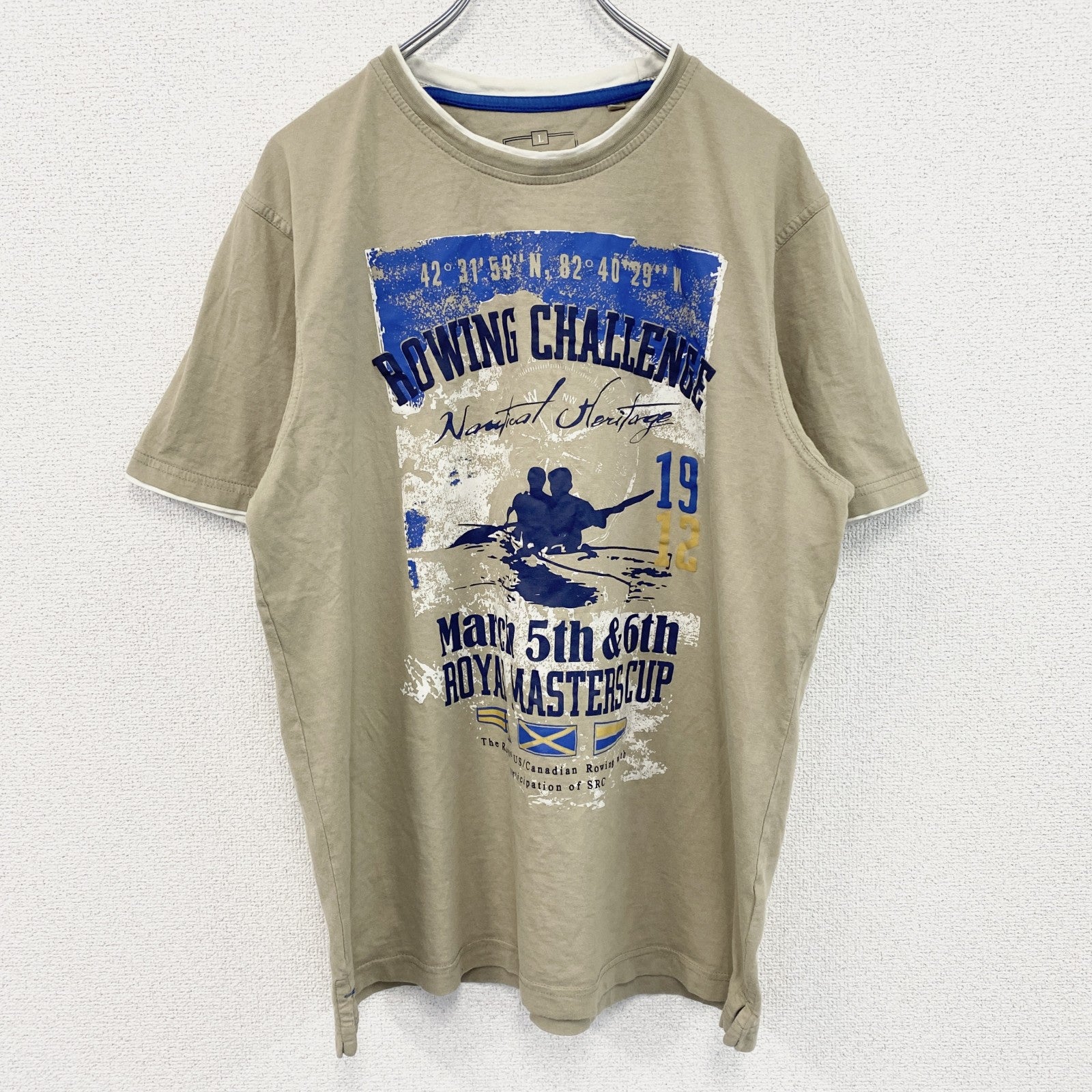 古着 used　半袖プリントTシャツ　カヌー　ボート　ローイング　ベージュ　クルーネック　レトロデザイン　Lサイズ