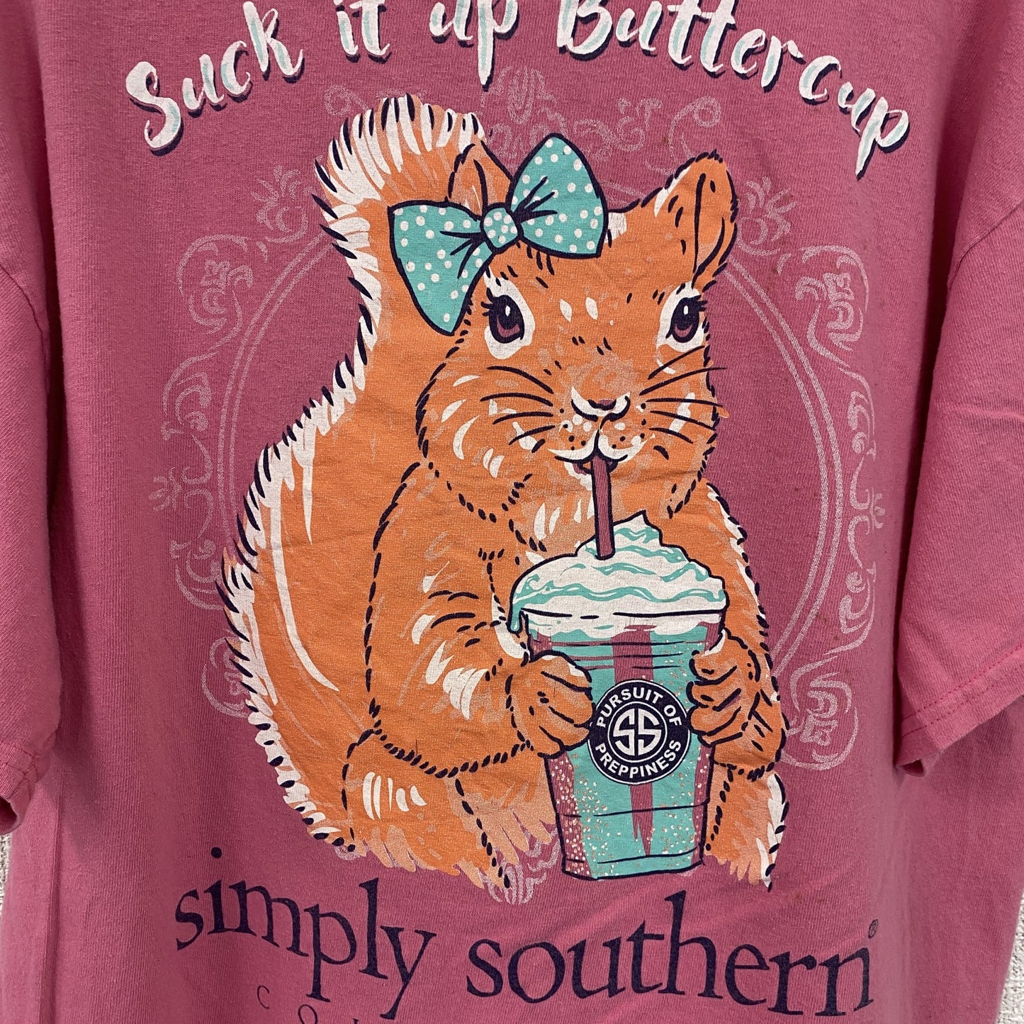 古着 used　Simply Southern　半袖アニマル柄プリントTシャツ　ワンポイント　ピンク　リス　レトロ　Ｌサイズ