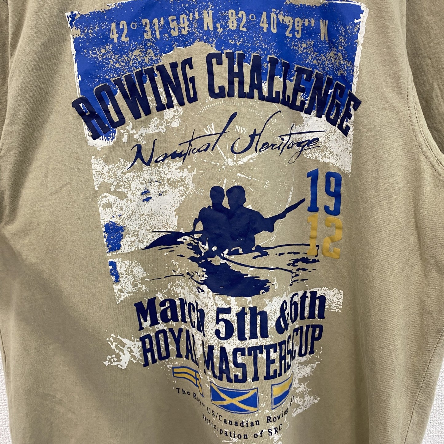 古着 used　半袖プリントTシャツ　カヌー　ボート　ローイング　ベージュ　クルーネック　レトロデザイン　Lサイズ