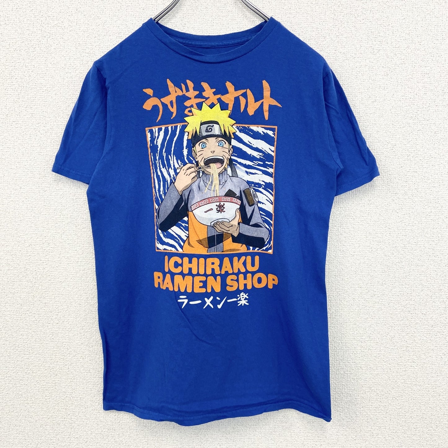 古着 used　半袖アニメプリントTシャツ　NARUTO　少年ジャンプ　うずまきナルト　ラーメン一楽　青　クルーネック　XLサイズ