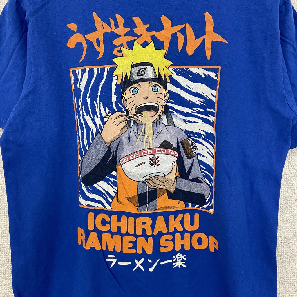 古着 used　半袖アニメプリントTシャツ　NARUTO　少年ジャンプ　うずまきナルト　ラーメン一楽　青　クルーネック　XLサイズ