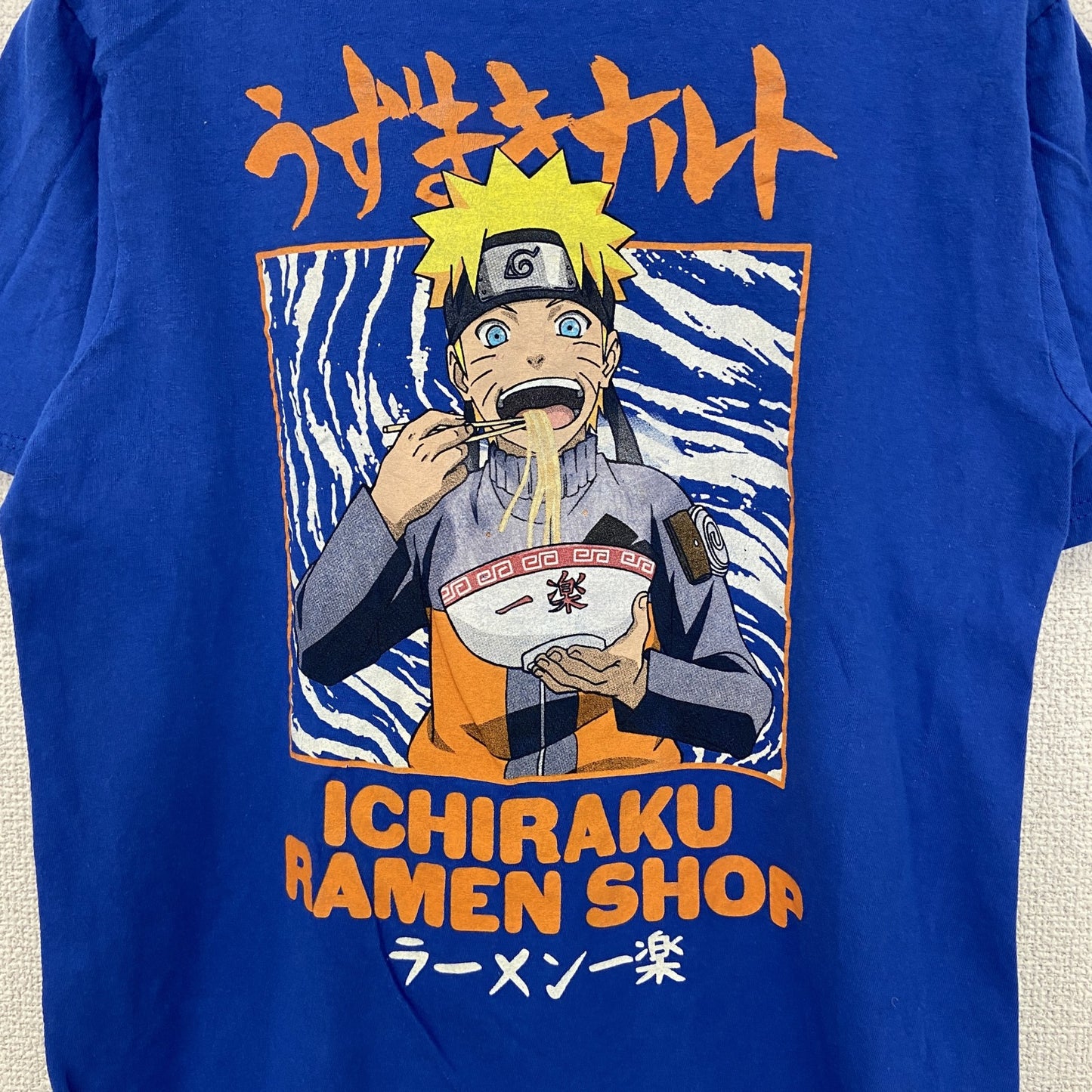 古着 used　半袖アニメプリントTシャツ　NARUTO　少年ジャンプ　うずまきナルト　ラーメン一楽　青　クルーネック　XLサイズ
