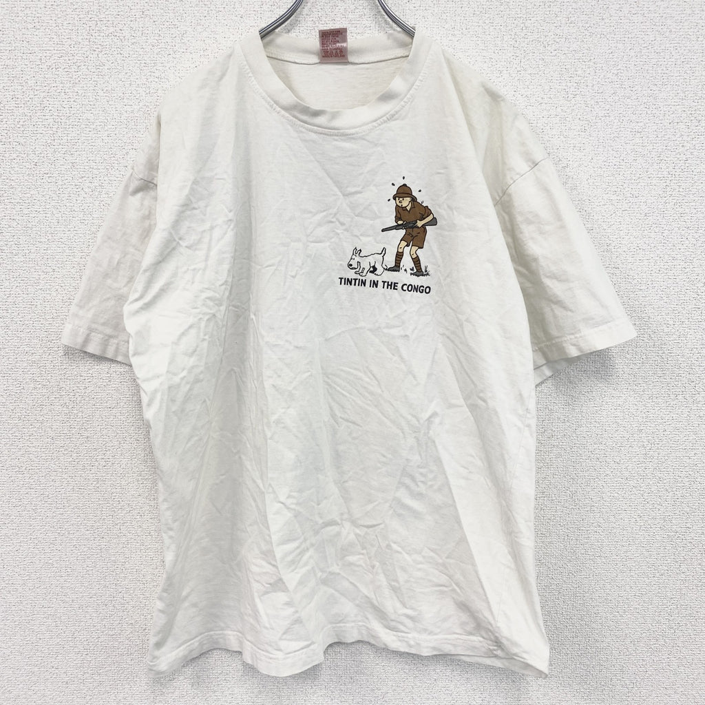 古着 used　半袖プリントTシャツ　ハンティング　ワニ　犬　両面プリント　白　ホワイト　クルーネック　レトロデザイン　XLサイズ
