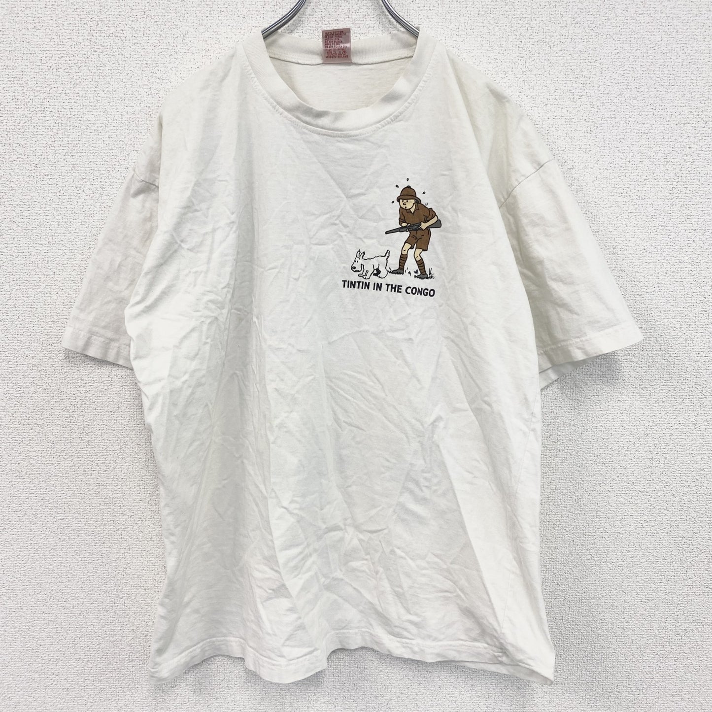 古着 used　半袖プリントTシャツ　ハンティング　ワニ　犬　両面プリント　白　ホワイト　クルーネック　レトロデザイン　XLサイズ