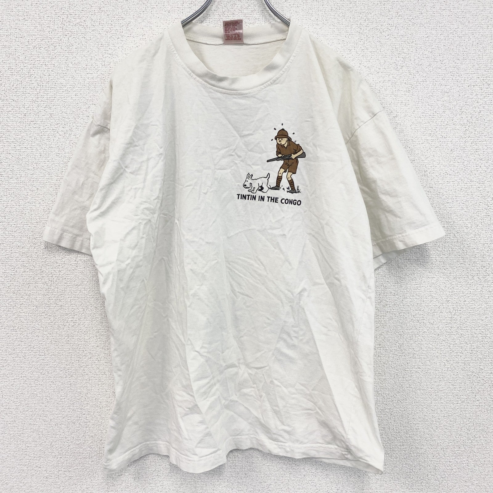 古着 used　半袖プリントTシャツ　ハンティング　ワニ　犬　両面プリント　白　ホワイト　クルーネック　レトロデザイン　XLサイズ