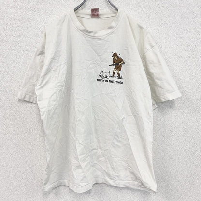 古着 used　半袖プリントTシャツ　ハンティング　ワニ　犬　両面プリント　白　ホワイト　クルーネック　レトロデザイン　XLサイズ
